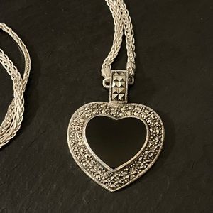 Vintage Marcasite Sterling Silver Onyx Heart Pendant 26” Braided Silver Necklace